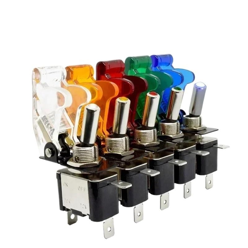 Auto coche barco camión 12V LED interruptor de palanca luz iluminada 3 pines encendido apagado 20A con cubierta abatible hacia arriba for aviones de seguridad protector rojo verde(White Cover,Blue LED