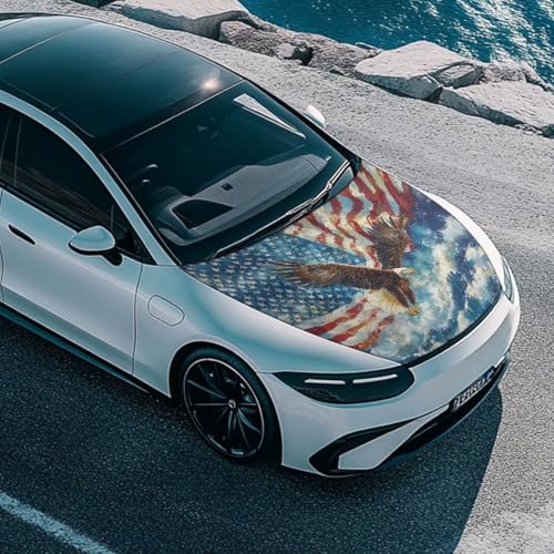 Image of American Flag Eagle Wave Design Car Hood Cover Protector Waterproof Sunproof Car Hood Flag 4th of July Patriotic Decorations for Most Sedans SUV Trucks Pickup Jeep