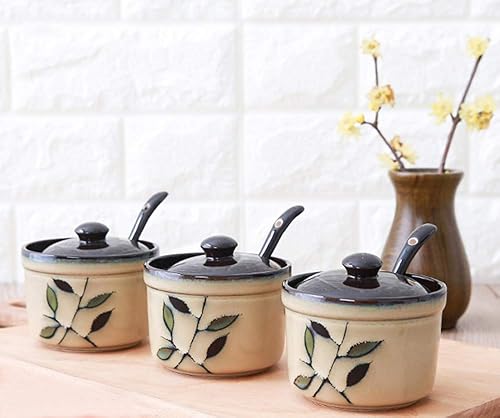 Miniatura 6 de 123Arts Tarro de almacenamiento de cerámica retro flor azucarera tarro condimento olla con tapa y cuchara