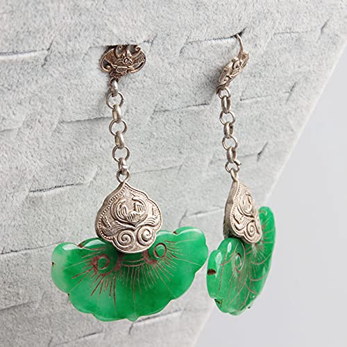 Acxico 1Pcs Chinese Antique Tibetan Silver Inlaid Jade Earrings Chinese Jade Earrings Jewels