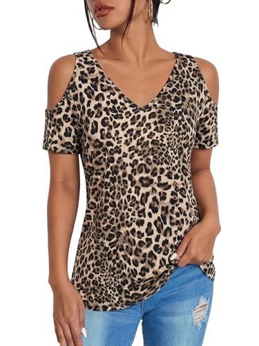 Image of RoseSeek Women's Camo Leopard Cold Shoulder T Shirts Summer Camouflage Tops