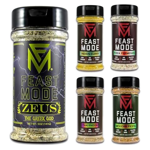 Feast Mode Flavors | Olympian Pack | 5 count | 5oz seasonings | meal prep seasoning, low sodium, no msg, gluten free, low calorie, no artificial fillers, healthy flavoring, savory, oregano, greek, curry, coriander, parmesan, crushed red pepper, ginger, fennel, chili powder, chipotle Cover