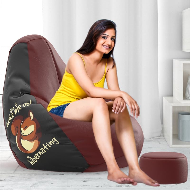 Image of Biggie Bean Bag Chair 4XL with Beans Filled-Pop Prints-Printed Designer Bags-Where Prints Meet Personality with Free Cushion & Footrest (Matching Color : Printed, Do Not Wake Me Up - Maroon Black)