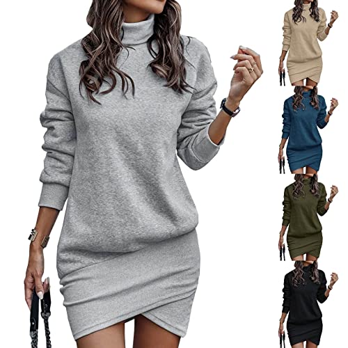 Strickkleid Damen Kleider Lang Rollkragen Pulloverkleid Sweatkleid Langarm Sweatshirt Pullikleid Herbst Winter,S-XL (001 Grau, XXL)