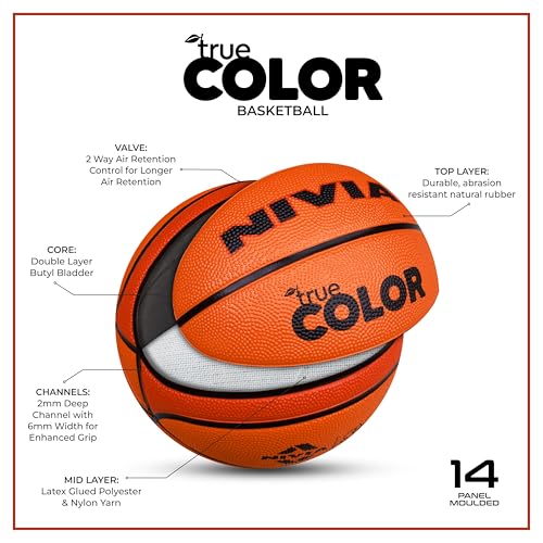 Image of Nivia True Color Basketball, As per BFI Standard, 14 Panels, Moulded Soft Rubber Cover with Pebbled Texture, Butyl Threadwounded Bladder, Made for Tournaments, To Play on All Indoor & Outdoor Surfaces