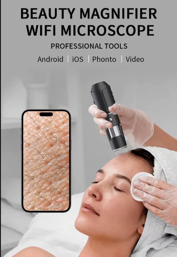 Image of WiFi Digital Microscope 50X-1600X Handheld Dermascope with 1080P HD Camera, 8 LED Lights, (White)