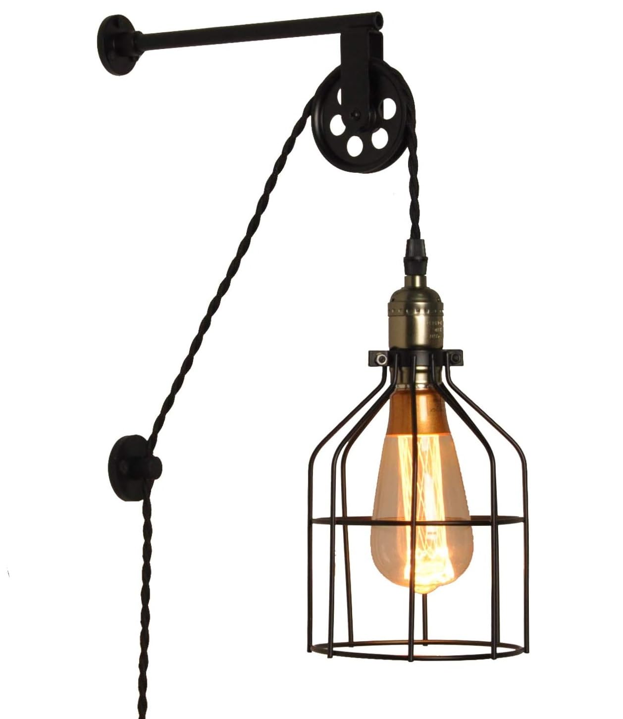 Lámpara de Pared Jula Negro E27 Industrial Moderna, Aplique Pared Focos Interior Polea Elevador Rústica, Lamparas de Techo Colgante Retro Altura Ajustable con Cable para Salon Dormitorio Restaurante