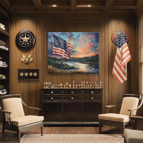 Image of 4th of July Canvas Wall Art, Sunset Lake and American Flag with Fireworks Print, Patriotic Memorial Day Independence Celebration Framed Artwork for Living Room and Porch Decor 24x30inch