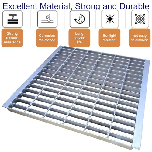 Image of Galvanized Steel Drain Grate with Lip 28x28 in, B-Class 28100 lbs Heavy-Duty Driveway Channel Cover w /Base, Outdoor Trench Drainage Grate, Silver Square Metal Sewer Cover for Garage