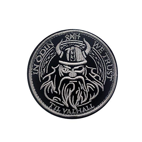 Ohrong - Écusson brodé avec inscription « In Odin We Trust » - Rond (blanc)