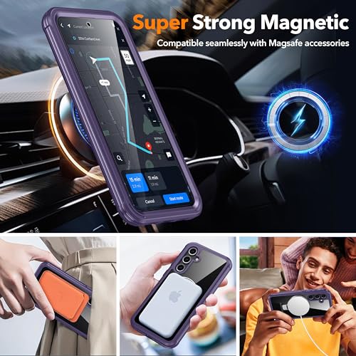 Image of Magnetic for Samsung Galaxy S24 FE Case Compatible with MagSafe [Built-in 9H Glass Screen Protector][Foldable Stand] 15 FT Dropproof Full Body Rugged Case for Galaxy S24 FE (Purple)