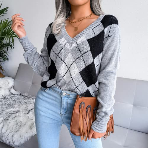 Image of Women's Argyle Plaid Sweater Vest V Neck Sleeveless Preppy Style Knitwear