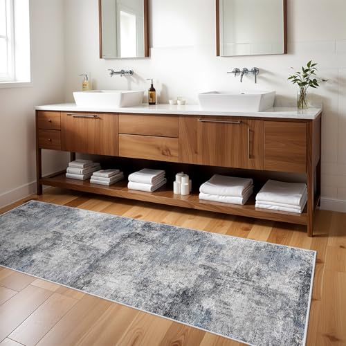 RUUGME Washable Abstract 3x8 Runner Rug: Living Room Entryway Runner Rug Indoor Non Slip Rubber Backing Vintage Large Soft Home Decor Mats for Bedroom Distressed Ultra Thin Low Pile Carpets 3x8 Blue