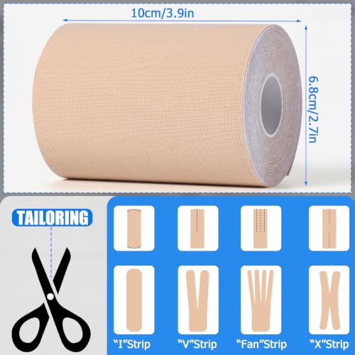 Image of 3 Rolls Wide Kinesiology Tape, Waterproof, 4 inch x 5.5yd, Light Beige | Breathable Latex-Free Cotton, High Elasticity for Muscle & Joint Support, Free-Cut for Sports Recovery on Shoulders, Knees