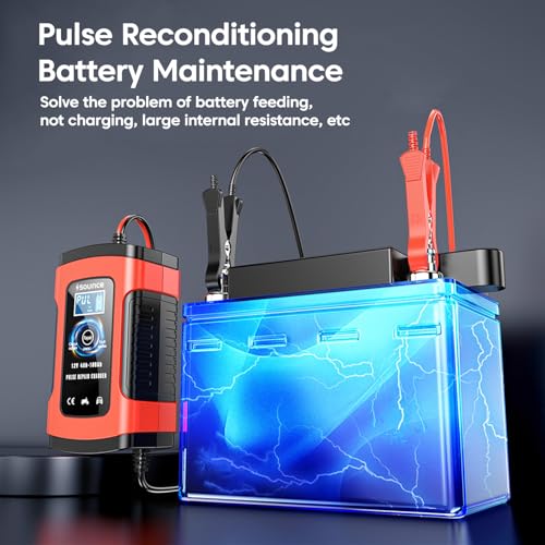 Image of Sounce Fully Automatic 12V 5A Battery Charger & Maintainer Smart Car Battery Charger with Pulse Repair & Intelligent Digital Display EU Plug Compatible with Car, Motorcycle, Lawn Mower & More - Red