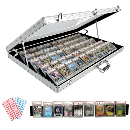 Professional Large Card Display Case (5 Card Riser Bars Built-in Prop Rod and 80 Stickers) | 34 x 22 inches | Tabletop TradeShow Display Case for Sports Cards & Trading Cards | Aluminum Frame -Silver