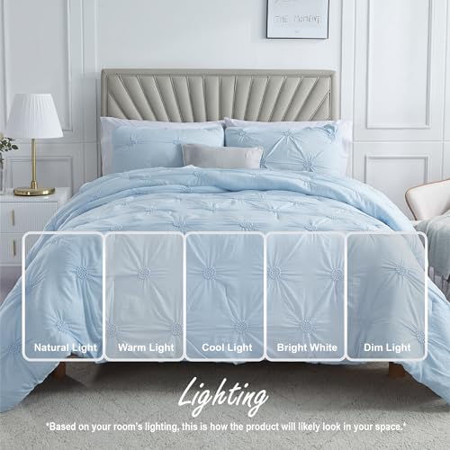 Image of Swift Home King Baby Blue Comforter Set - Ruched 3D Floral Pintuck Bedding Set - 3 Pieces Bed Linen, 1 Comforter and 2 Pillow Shams