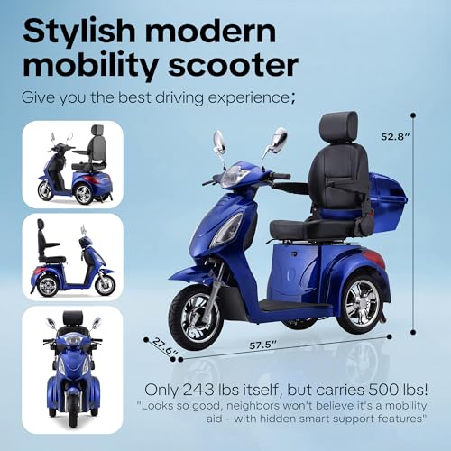 Image of Heavy Duty 3 Wheel Mobility Scooters for Seniors & Adults 500lbs Capacity-800W Mobility Scooters 31 Miles Long Range, All Terrain Electric Powered Mobility Scooters Handicap Mobility Scooter (Blue)