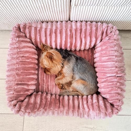 4L Textil Bella Plüsch-Hundebett Premium-LINE Kuscheliges Hundekörbchen aus Cord Katzenkorb Hundekorb für Welpen Hundebett flauschig Hundesofa kleine Hunde (Rosa, 60x40 cm)