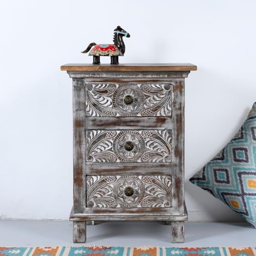 Image of Wooden Bedside Table for Bedroom | Solid Wood Seri Bedside Table with Drawers | Corner Side Table for Living Room | Traditional Handcrafted Furniture for Home Decor (Dark Grey Distress)