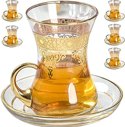 Turkish Tea Glasses Cups Set of 6 and Saucers Teacups for Adults Women Party Arabic Fancy Serving Drinking Gift Tray Kettle Teapot Style Gold Moroccan Vintage Persian Kitchen Decor Coffee Luxury