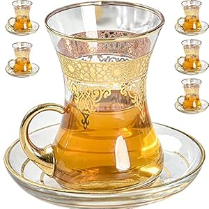 Turkish Tea Glasses Cups Set of 6 and Saucers Glassware, Moroccan Tea Glasses, Gold Drinking Glasses, Tea Set, Women Party Arabic Fancy Drinkware Style Vintage Persian Kitchen Decor Coffee Drinks