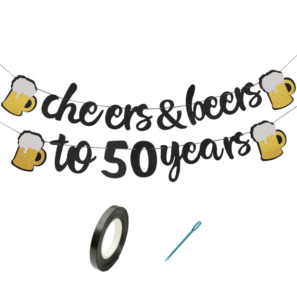 Happy 50th Birthday Banner, 50th Birthday Decorations for Women Men, 50 Wedding Anniversary Decorations, Cheers & Beers to 50 Years Banner, DIY Party Bunting with Black Letters and Gold Beer Design