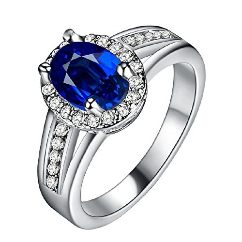 Uloveido Trendy Deep Blue CZ Zircon Halo Split Shank Rings Rhodinum Plated Fashion Wedding Jewelry...
