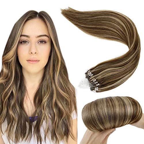 LaaVoo Micro Human Hair Ring Extensions Highlight Dark Brown with Caramel Blonde Natural Straight Human Hair Remy Micro Beads Human Hair Extensions 16 Inch 1g/s 50g Per Pack