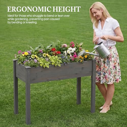 Image of DUMOS Raised Garden Bed 48x24x30 Inch, Outdoor Planter Box with Legs, Elevated Wood Garden Bed with Liner for Herbs Flowers Vegetables, Wooden Planter Box for Patio, Balcony and Backyard, Grey