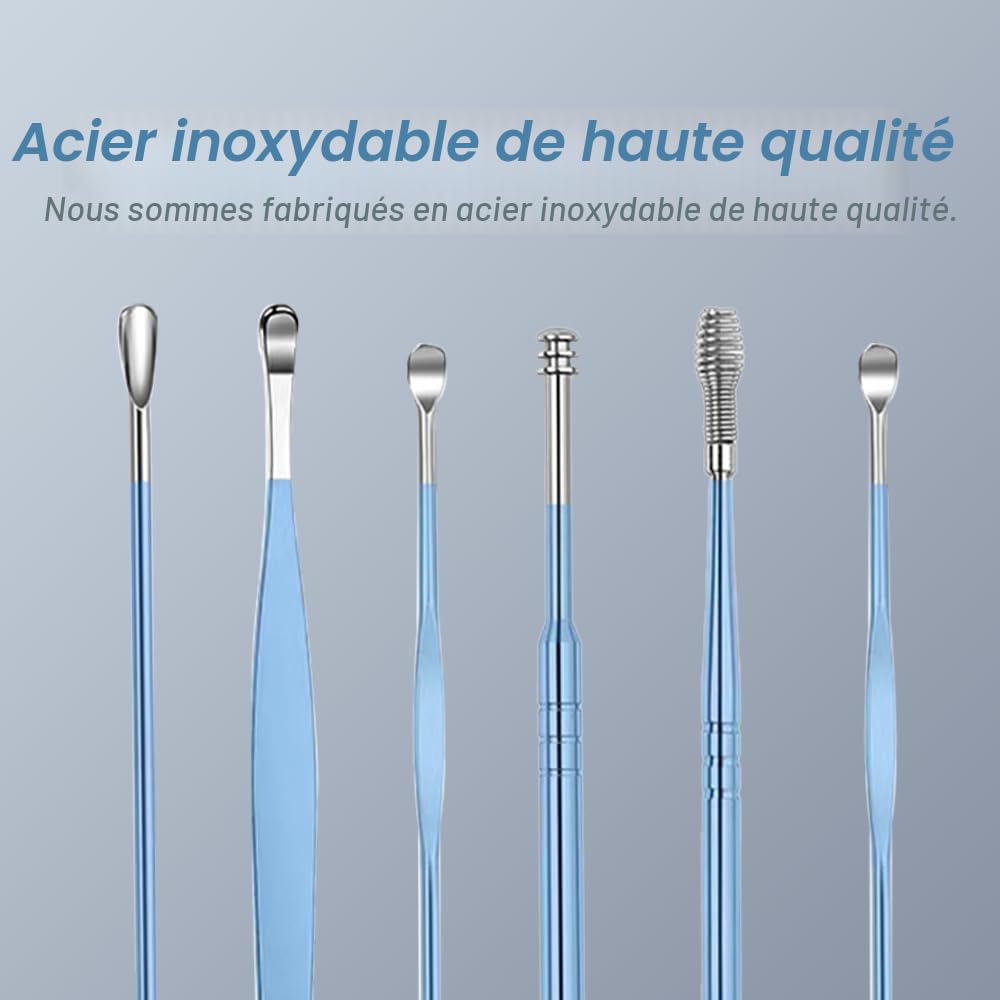 Nettoyeur D'oreille, 6 Pcs Kit Ear Wax Cleaner, Dissolvant pour Cérumen, Nettoyage D'oreille en Acier Inoxydable, Cuillère à Oreille en Acier Inoxydable, Nettoyeur D'oreilles Portable