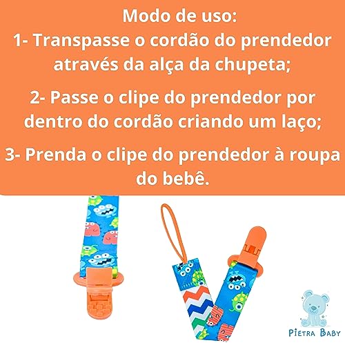 Kit 3 Prendedores de Chupeta Pietra Baby Estampado Feminino Masculino Bebês Universal (Monstrinho/Ca