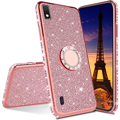 ISADENSER Compatible with Samsung Galaxy A10 Case Ultra-Slim Glitter Bling Diamond Luxury Plating Silicon TPU Soft Cover with Ring Stand Holder for Samsung Galaxy A10,Rose Gold TPU with Stand Holder