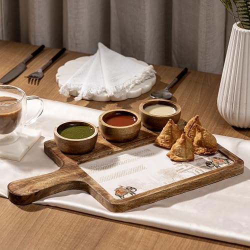 Image of Handcrafted Mango Wood Serving Platter with 3 Dip Bowls | Traditional Elephant Print | Waterproof, Heat-Resistant, Food-Safe Lacquer Finish | 15.5 x 10 Inch | Made in India (3katori-WhiteElephant)