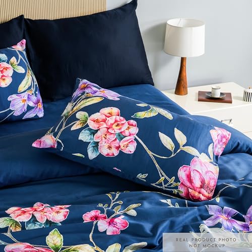 Image of Digitally Printed with Reactive Ink Tech | 300 TC 100% Organic Cotton Premium Bedsheet Set | Ultra-Soft Satin-Like Finish - Floral Ocean Blue