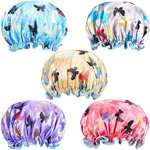 5 Pieces Waterproof Shower Caps Double Layers Bath Cap Adjustable Elastic Bathing Caps for Women and Girls