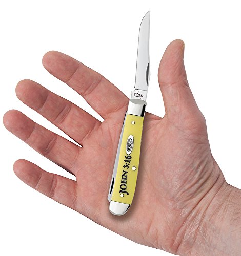 Image of Case WR XX Pocket Knife Yellow Synthetic Mini Trapper-John 3:16 Item #8850 - (3207 SS) - Length Closed: 3 1 /2 Inches