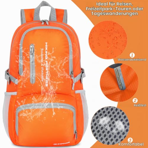 ZOMAKE Faltbarer Rucksack Leicht,Wanderrucksack Groß Rucksäcke,35L(Orange) – Ansicht 4