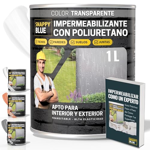 [1L] Revestimiento Sellador Impermeabilizante Híbrida con Poliuretano, Pintura Impermeable Definitivo Terrazas, Techos y Exteriores, Protección Fugas Goteras, + 3 Colores (Transparente, 1l)