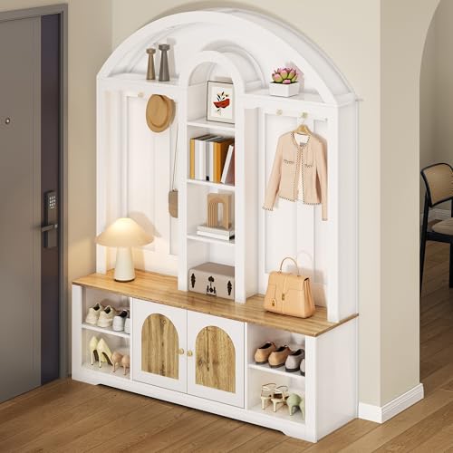 Zapatero con perchero vertical de entrada para pasillo de madera MDF blanco 3