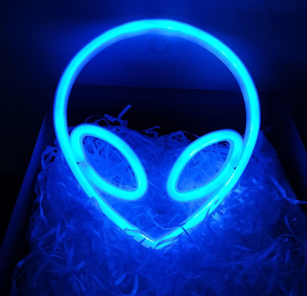 LIQS LED Neon Night Light, Battery and USB Powered Signs Neon Lamp Decorative Neon Sign wall Lamp for Kids Bedroom (Alien, Blue)