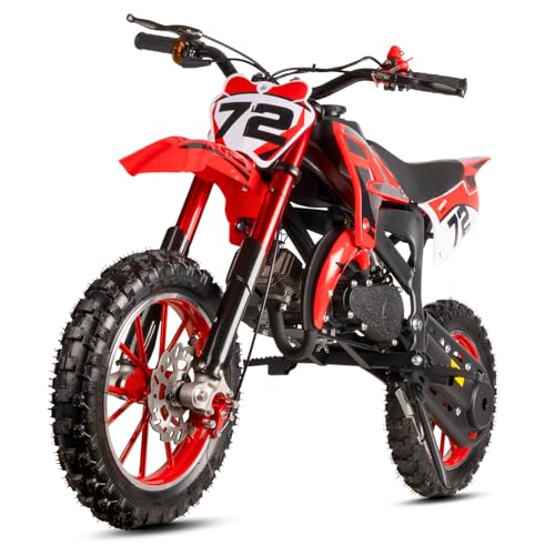 Image of Kids Dirt Bike Gas Powered, 50cc 2 Stroke 49cc Dirt Bike, Pit Bike Up to 24 MPH Pull Start, Gas Dirt Bike for Boys Girls Teens with Dual Disc Brake Inverted Fork Birthday Holiday Gift Red