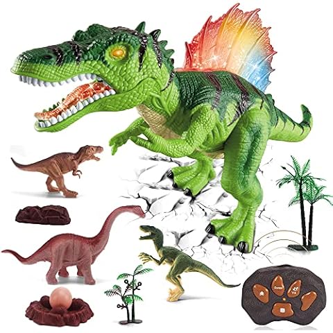 Dinosaurier Spielzeug Ferngesteuert Dinosaurier Leuchtend - RC Dinosaurier Elektrospielzeug mit LED Leuchten Augen, Gehen und Brüllen, Realistische Roboter Geschenk für Jungen Mädchen Kinder, Grün Cover