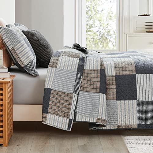 Kaloola Queen Size Quilt, 100% Cotton Quilts Queen Size Sets, Farmhouse Plaid Quilts Queen Size, Grey White Black Queen Quilt For All Seasons, 3 Pieces #TOP2