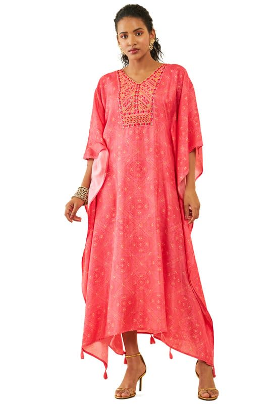 Womens Pink Silk Blend Bandhani Print V-Neck Kaftan with Mirror Work-image-21