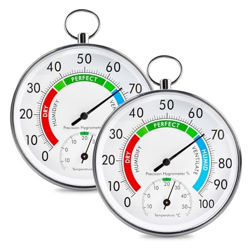 2 Stück Analoges Thermo-Hygrometer, 2 in 1 Thermometer & Hygrometer, Analog Hygrometer, Luftfeuchtigkeitsmesser & Raumthermometer für Häuser, Gewächshäuser, Gärten, Autos, Batteriefrei | Ø 10cm 2 Stück Analoges Thermo-Hygrometer, 2 in 1 Thermometer & Hygrometer, Analog Hygrometer, Luftfeuchtigkeitsmesser & Raumthermometer für Häuser, Gewächshäuser, Gärten, Autos, Batteriefrei | Ø 10cm