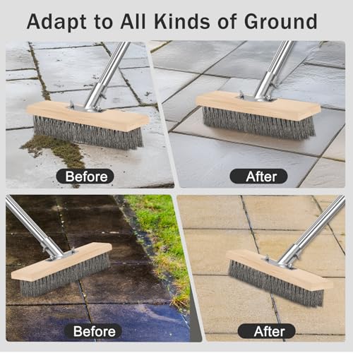 Stainless Steel Pool Scrub Brush with Adjustable Handle, Heavy Duty Stiff Bristle Scrubber for Rough Surfaces, Moss Removal, and Tough Stains on Concrete, Grout, Patio, Garage & Pool