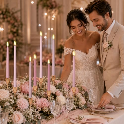Image of Rossesay 24 Pcs Flameless LED Taper Candles Battery Operated Candle 8.5 inch, 9.65 inch, 10.8 inch, 12.8 inch Flameless Candlesticks Flickering for Christmas Church Wedding Indoor Decoration(Classic, Pink Tones)