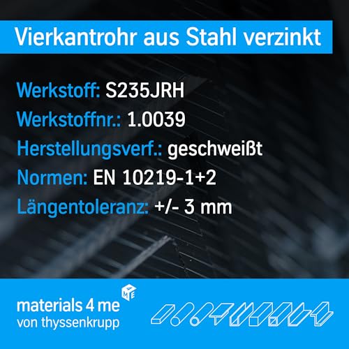 thyssenkrupp Stahl Vierkantrohr verzinkt 40 x 40 x 2 mm in 2000 mm Länge | Quadratrohr | Konstruktionsrohr