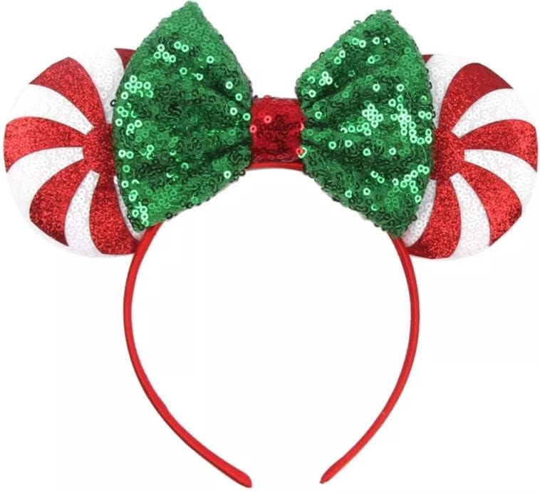 Image of CLGIFT Christmas Red Peppermint Candy Minnie Ears, Iridescent Minnie Ears, Rainbow Sparkle Mouse Ears,Classic Red Sequin Minnie Ears (Christmas Red Peppermint Candy)